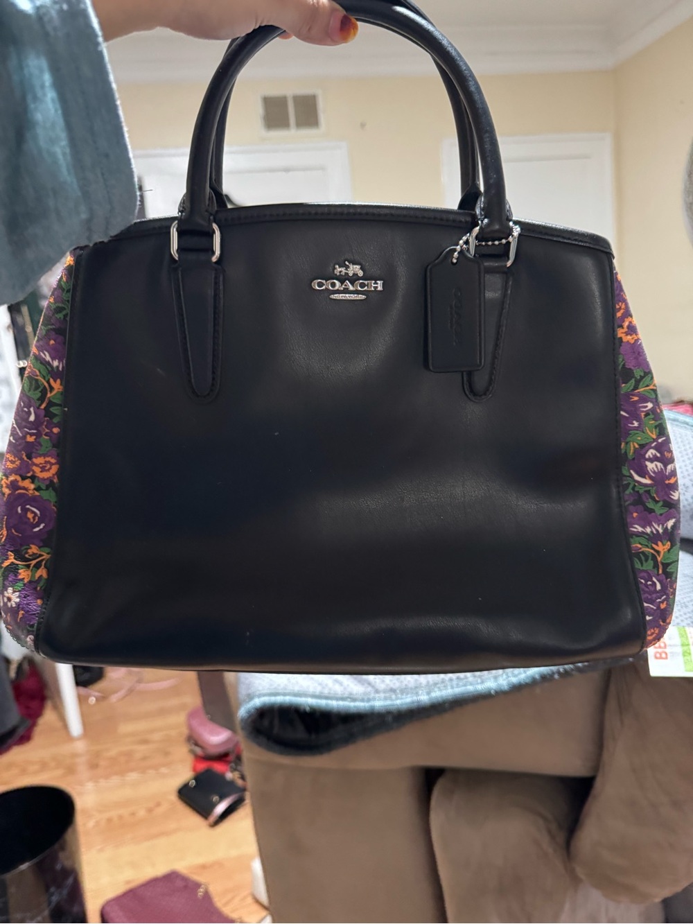Coach Black Leather Satchel with Purple & Orange Floral Panels
